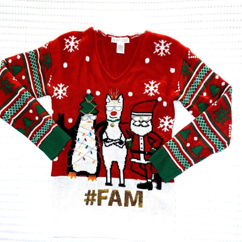 Planet Gold Ugly Christmas Sweater  #FAM Bells Sequins Chain- Size Small